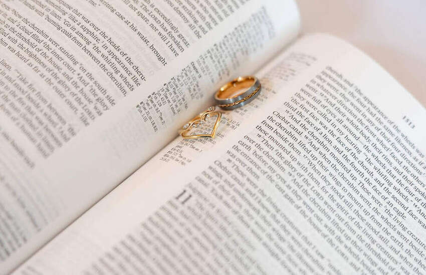 Wedding band resting on an open book
