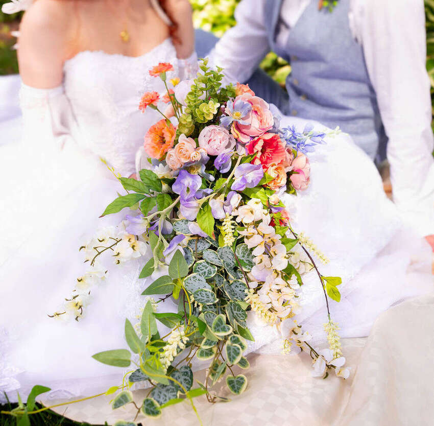 Close-up of a colorful bridal bouquet